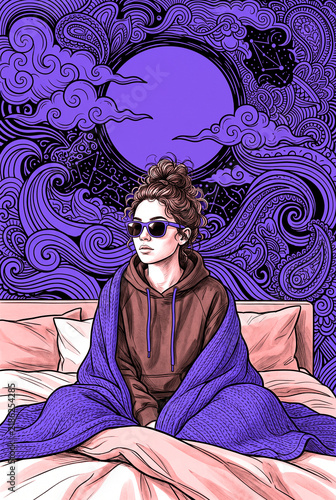 Cozy Young Woman in Sunglasses Wrapped in violet Blanket Sitting in Bed, Psychedelic Swirling Background Illustration