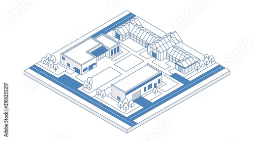 Isometric illustration depicts a blue and white agricultural farm with various greenhouses, barns, and fields, connected by pathways within a rural setting.