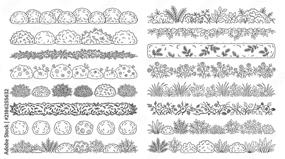 Fototapeta premium Set of hand drawn garden bushes and hedges, decorative border elements for landscape design, sketch style vector illustration