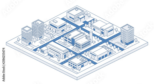 Isometric illustration depicting a detailed urban layout with diverse architectural structures, including factories and offices, interconnected by streets in a blue line art style on a white canvas.