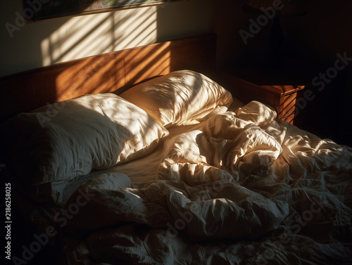 Unmade bed in morning light with window blinds shadow