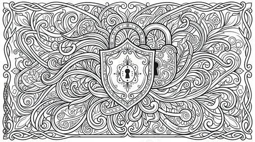 Black and white intricate vintage padlock design with decorative floral swirl patterns