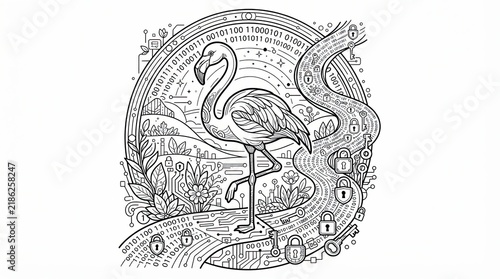 Black and white line art illustration of a flamingo with digital cyber security symbols