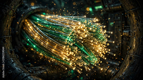 Fiber optic cables transmitting glowing data through industrial conduit pipe with futuristic digital communication concept and high speed internet connection infrastructure