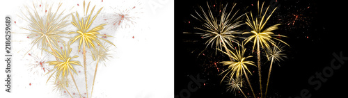 new year's eve, silvester, new year, celebration greeting card - golden firework fireworks pyrotechnic overlay, isolated on black and transparent background png