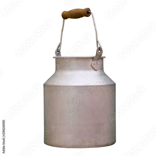 Cuadro en lienzo Traditional brushed aluminum milk churn featuring a wire bail handle with a turned wooden grip, milk can, dairy container, farm jug, milk pail, kitchenware