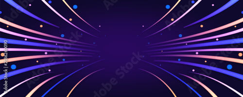 Abstract vector background with glowing light trails and floating particles on a dark blue smooth gradient canvas for design