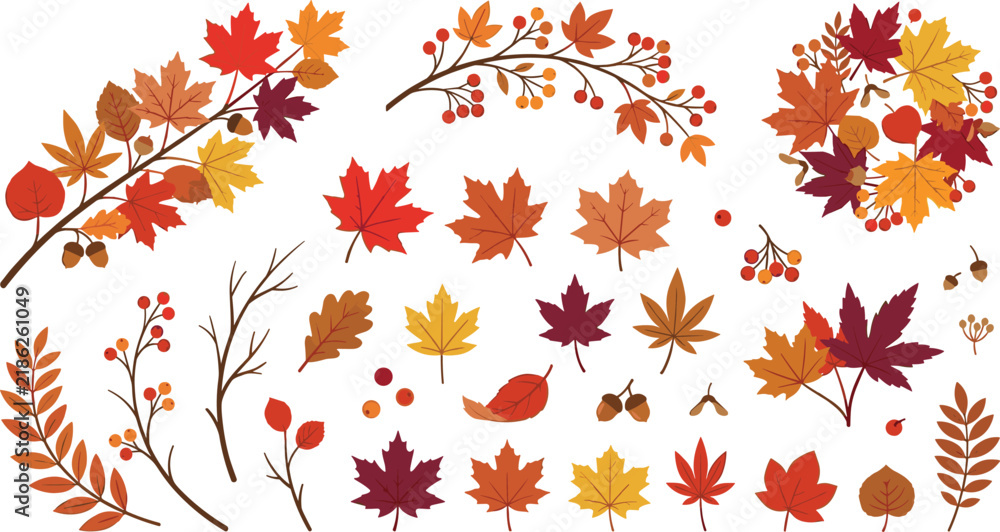 Obraz premium Autumn Foliage and Wreath Vector Collection with Maple Leaves Tree Branches and Berries Elements for Thanksgiving Seasonal Cards and Greeting Banner Designs