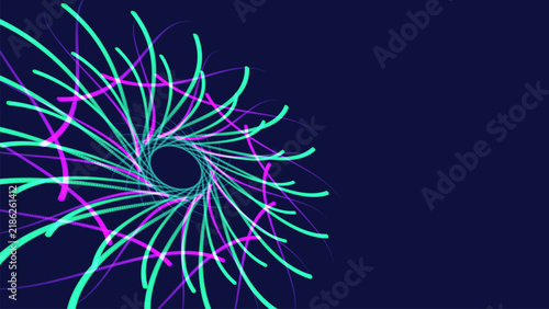 vector background featuring a circular swirl pattern of neon curved lines in a vibrant cyan and purple color palette design