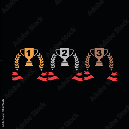 Create a clean flat vector set of three award trophies numbered 1st, 2nd, and 3rd, each surrounded by a laurel wreath
