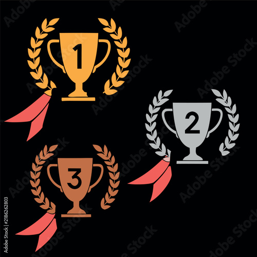 Create a clean flat vector set of three award trophies numbered 1st, 2nd, and 3rd, each surrounded by a laurel wreath