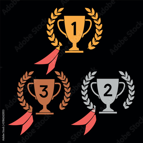 Create a clean flat vector set of three award trophies numbered 1st, 2nd, and 3rd, each surrounded by a laurel wreath