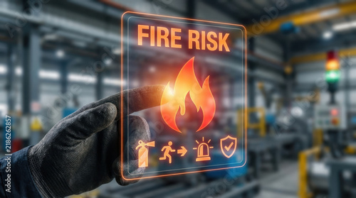 Fire risk warning sign held by gloved technician inside industrial factory with glowing flame symbol and safety alert