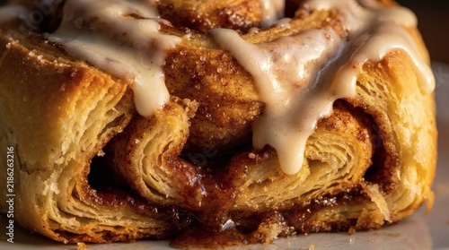 Close-up of a freshly baked cinnamon roll with sweet white icing dripping, revealing flaky golden pastry layers and rich cinnamon sugar filling.