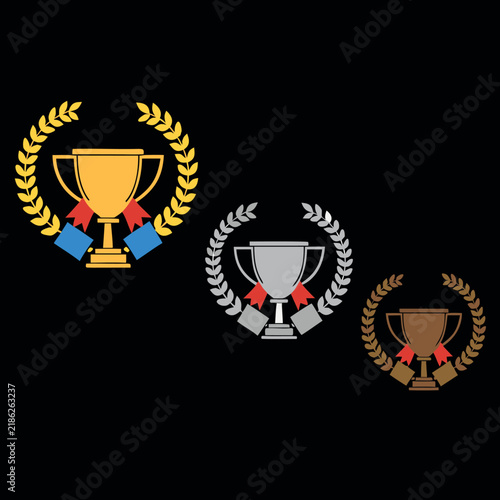 Create a clean flat vector set of three award trophies numbered 1st, 2nd, and 3rd, each surrounded by a laurel wreath