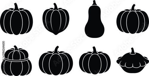 Pumpkin vegetable silhouettes collection featuring various harvest squash seasonal shapes.