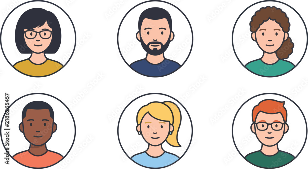 Fototapeta premium Set of six diverse human avatars featuring various ethnicities, hairstyles, and clothing styles in circular frames for user profiles and digital communication interfaces on a white background