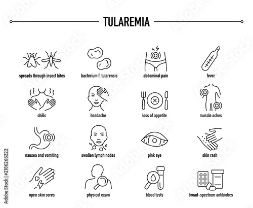 Tularemia symptoms, diagnostic and treatment vector icon set. Line editable medical icons.