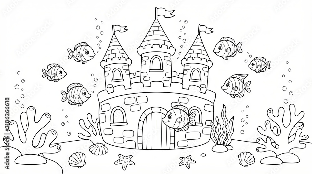 Naklejka premium Underwater castle with cute fish and coral reefs for kids coloring page activity