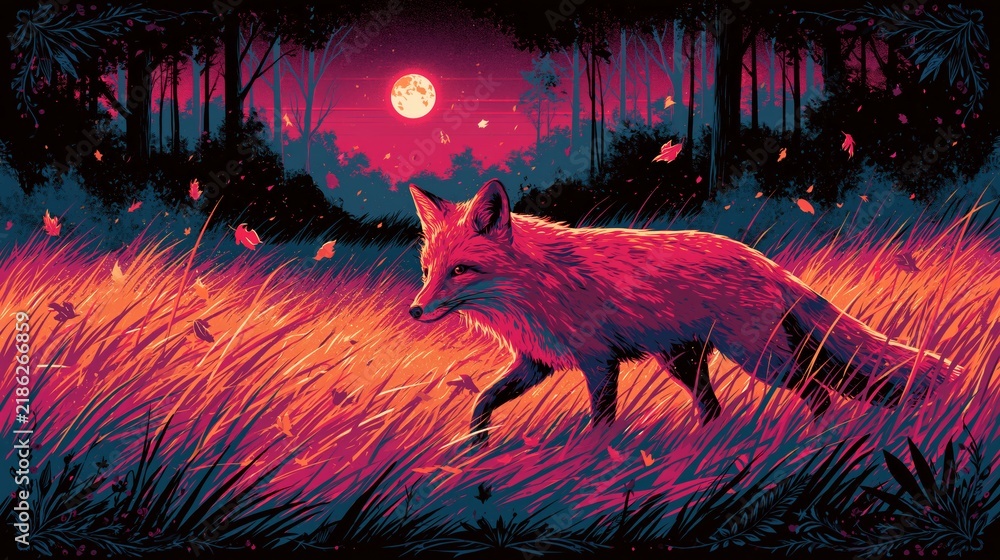 Obraz premium Vibrant stylized red fox prowling through neon-lit tall grass at night beneath a glowing full moon, silhouetted forest trees and drifting autumn leaves in surreal twilight
