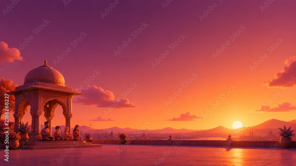 Obraz premium Serene sunset at a domed pavilion on a terrace where seated figures gather in prayer and meditation beneath ornate arches, warm golden light reflecting on water and mountains