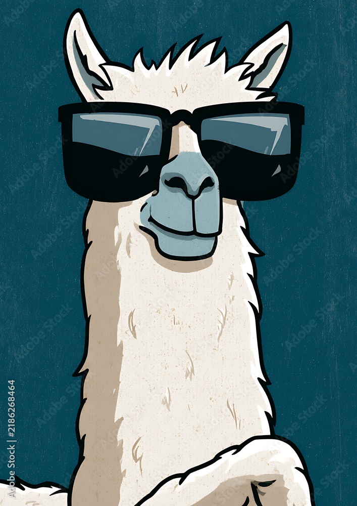 Fototapeta premium Retro 1980s style cartoon illustration of a white alpaca wearing black sunglasses