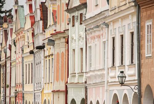 Telč, in the southern part of the Czech Republic, within the Vysočina Region. Close-up details of the Zachariáš z Hradce Square, colorful Renaissance and Baroque houses with tall gables and arcades