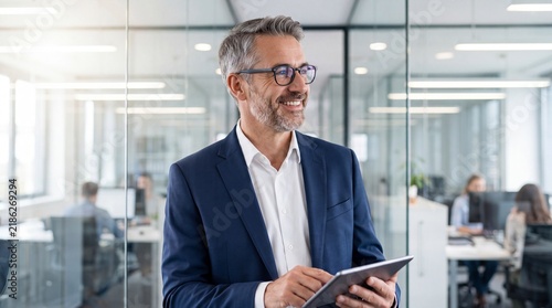 Businessman with glasses holding a tablet in a bright modern glass office workspace