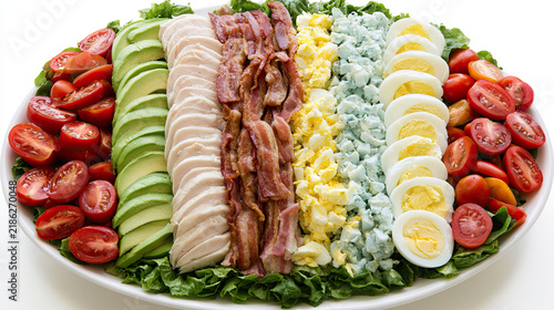 transparent cobb salad composition with fresh ingredients isolated for lunch