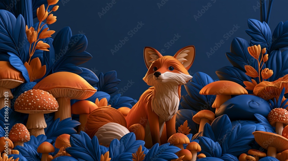 Fototapeta premium Whimsical red fox sitting amid stylized blue foliage and orange mushrooms in a vibrant, surreal forest scene, high-contrast autumnal palette and charming digital illustration.