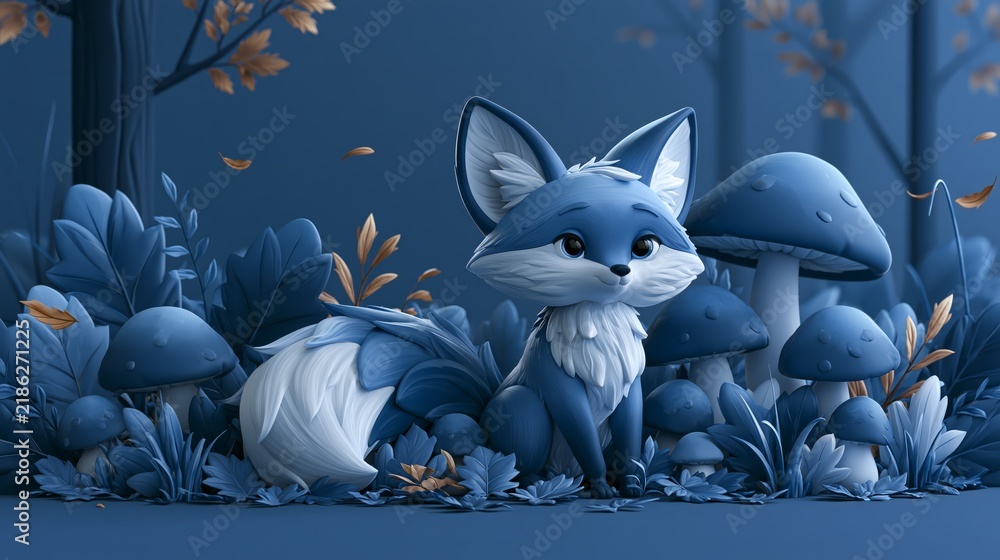 Obraz premium Cute blue fox with white-tipped tail and big expressive eyes sitting among oversized mushrooms and dense forest foliage in a whimsical moonlit woodland scene with falling leaves