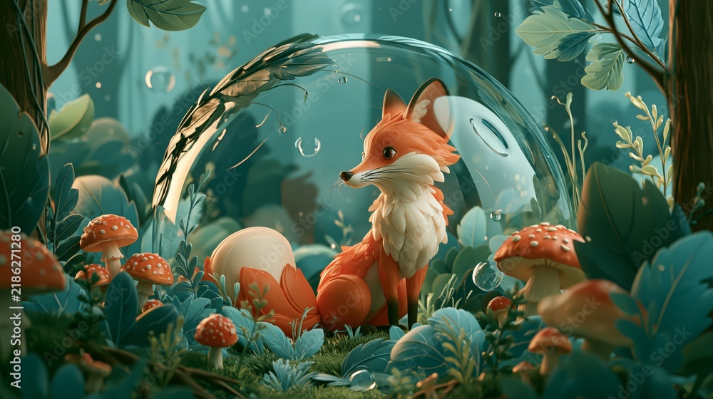 Obraz premium A curious red fox sits in a luminous enchanted forest clearing surrounded by oversized mushrooms, ferns, and dewy foliage beneath a translucent glass bubble dome in teal light