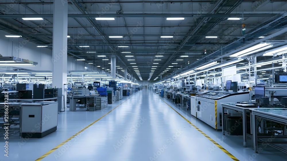 Obraz premium Long industrial corridor of a modern electronics factory with rows of workstations overhead lighting and polished floor