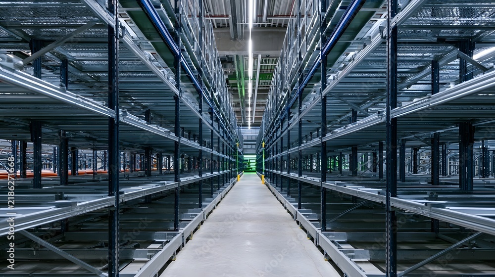 Obraz premium Long aisle between tall metal shelves in a modern automated warehouse with industrial lighting overhead