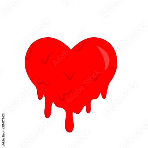 Red heart shape melting with drops. Bloody heart symbol. Drop love symbol. Heart shaped blood drop. Bleeding heart icon illustration