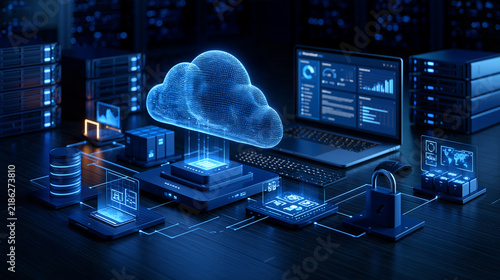 Plakat lean diagram illustrating a cloud computing data processing workflow showing data upload, storage, distributed processing, analytics dashboard, secure output delivery