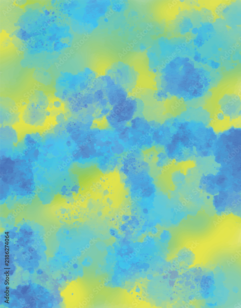 Fototapeta premium Vibrant artistic vector background featuring bright blue and cyan watercolor splatters layered over a glowing lime green and yellow mesh gradient texture. Creative template for poster, cover, or