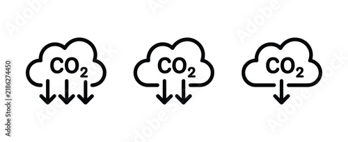 CO2 emissions icon with cloud reduction sign representing carbon control, greenhouse gas management, climate action, sustainability, and green technology
