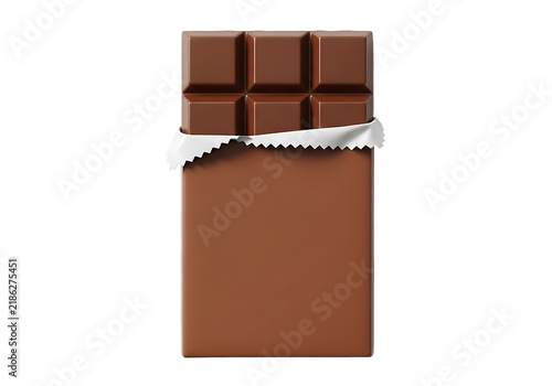 Milk chocolate bar with a brown paper wrapper partly unwrapped showing delicious square segments