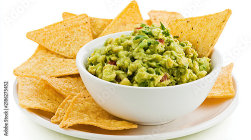 transparency guacamole with tortilla chips in a white bowl isolated