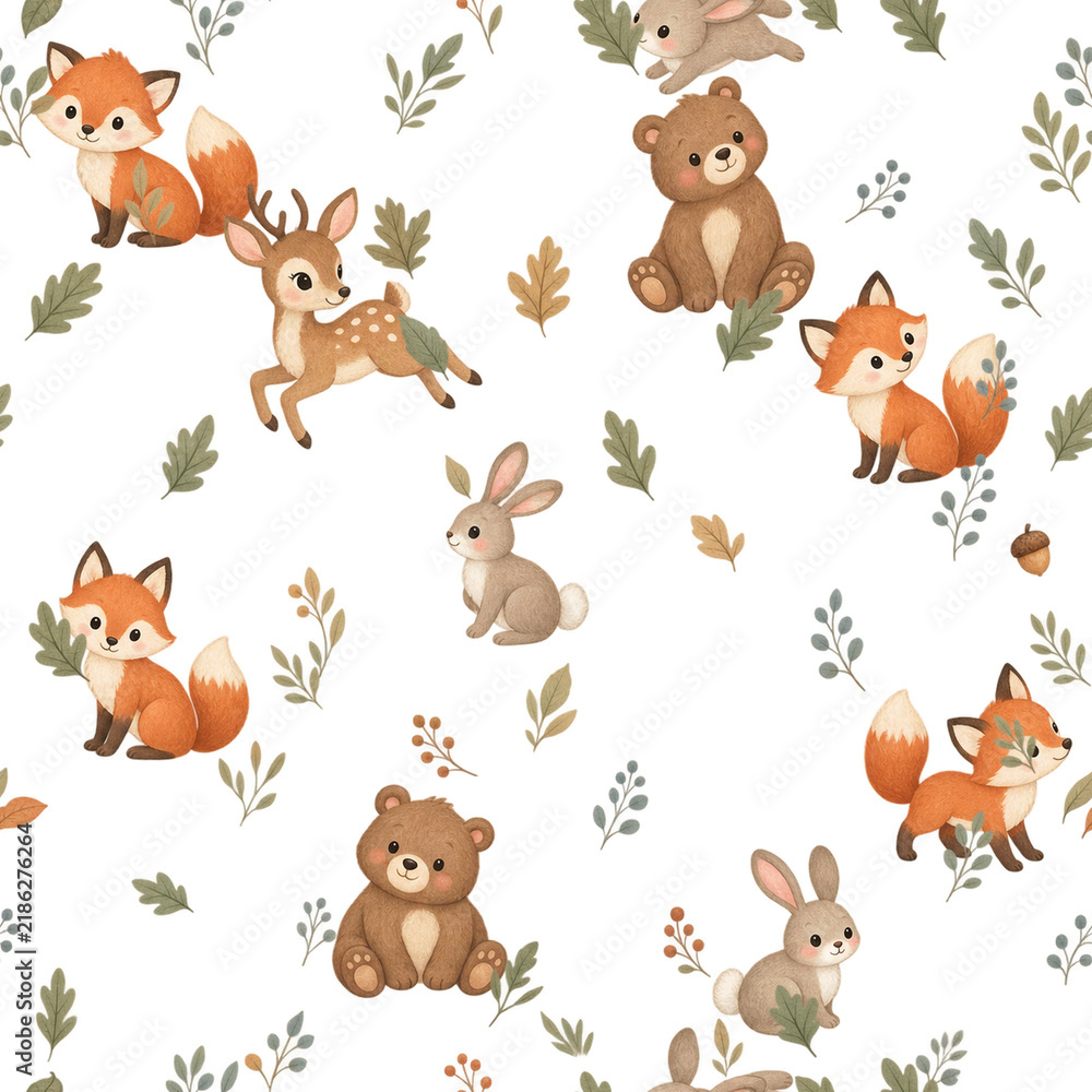 Naklejka premium Cute woodland animals seamless watercolor nursery pattern