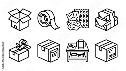Packing and Shipping Icons: A collection of minimalist line art icons illustrating the process of packing and shipping, featuring boxes, tape, and wrapping materials.