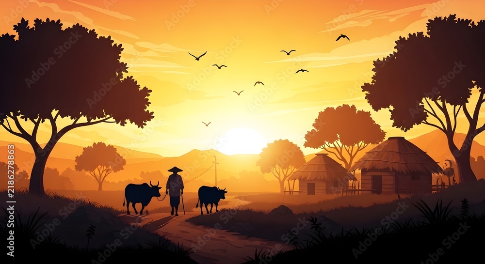 Fototapeta premium Farmer walking with cattle through rural landscape at golden sunset landscape countryside agriculture lifestyle
