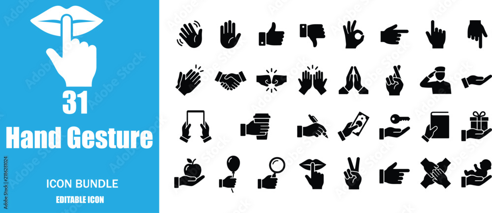 Obraz premium Collection of thirty-one black hand gesture icons set on a white background for user interface design