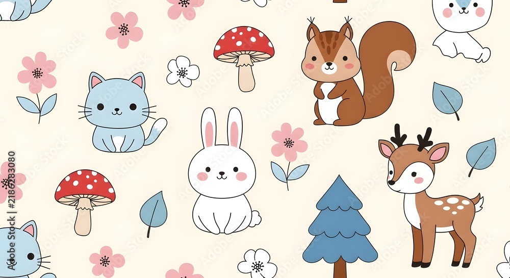 Obraz premium Cute cartoon animals pattern displays a seamless arrangement of woodland creatures and mushrooms.