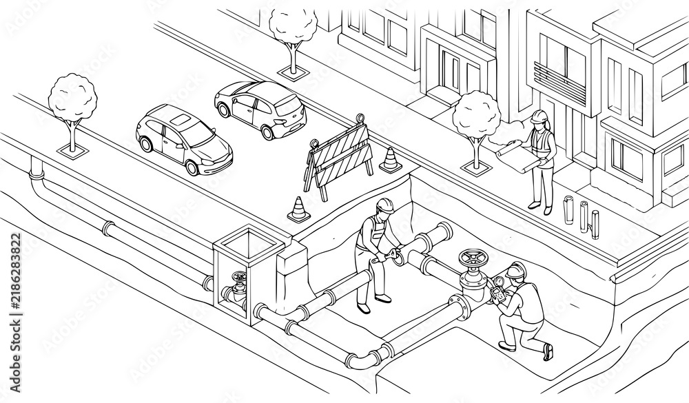 Fototapeta premium Isometric illustration of construction workers repairing underground water pipes in a city street with cars and buildings