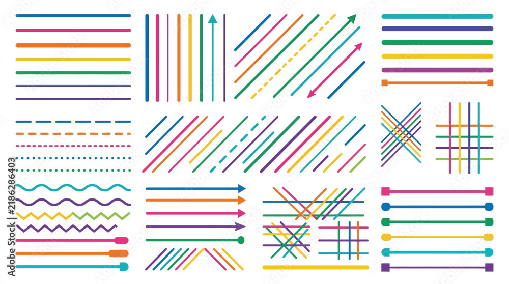 Obraz premium Collection of colorful geometric line patterns and diagrams.