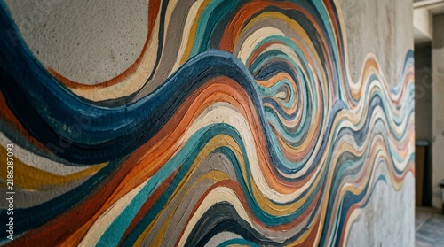 Vibrant abstract mural on concrete wall, flowing lines, colorful waves, contemporary art