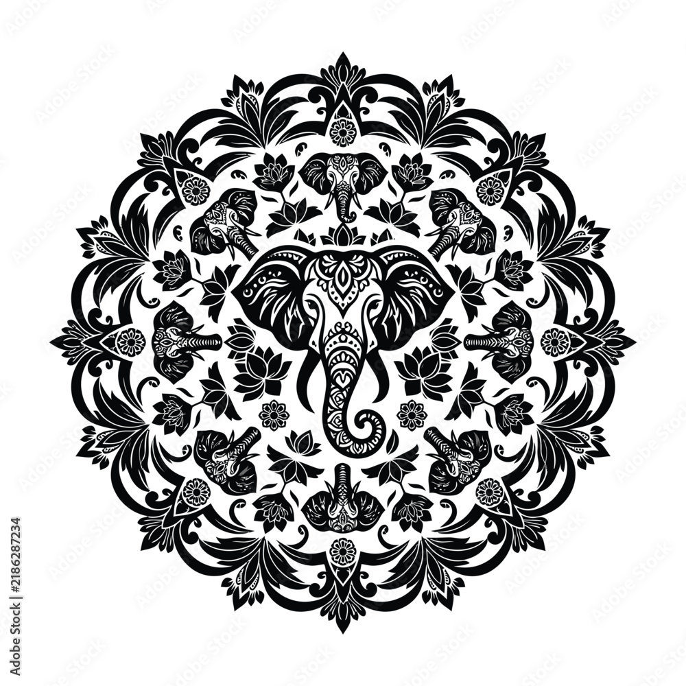 Fototapeta premium Elegant elephant surrounded by intricate floral patterns