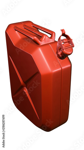 Glossy red metal jerrycan for fuel, gasoline, diesel, oil, kerosene, and other fuels and lubricants, shown on a transparent background. A jerrycan for cars, trucks, tractors, or other vehicles.